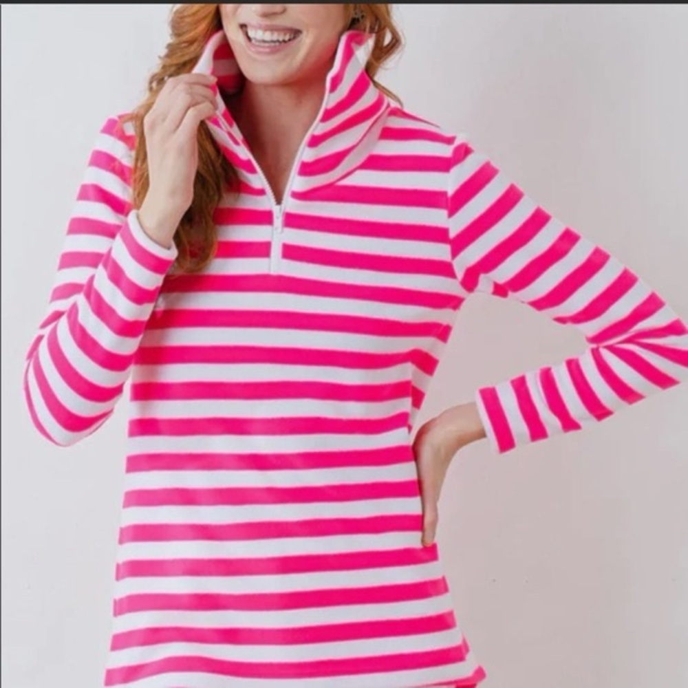 Dudley Stephens Pink and White Striped Quarter‑Zip Pullover